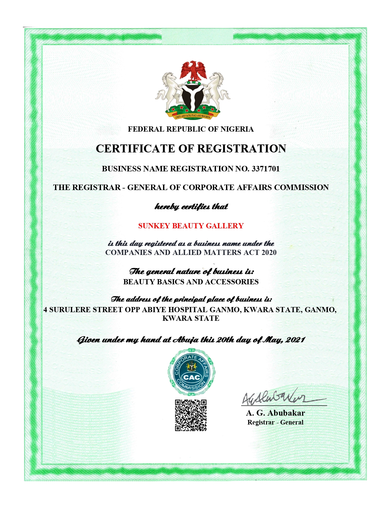 Sunkey Beauty Gallery CAC Certificate